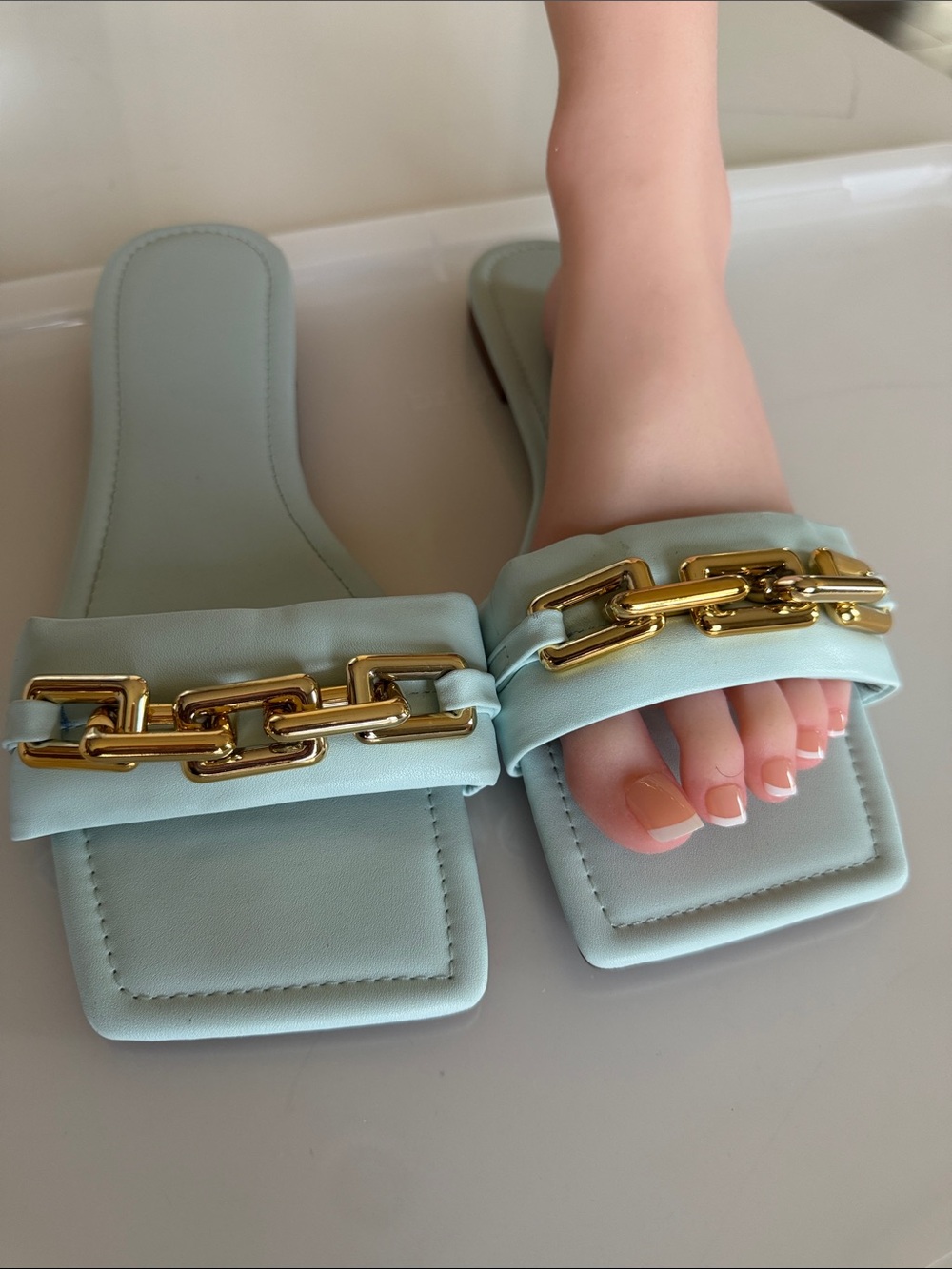 Mint Green Chain-Trim Square-Toe Slide Mules